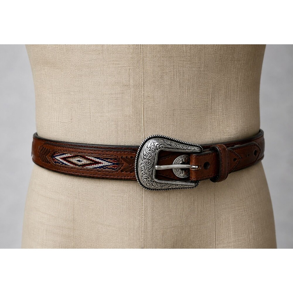 Orvis Leather Belt Size 34 Brown Leather Southwestern Aztec Cowboy Western